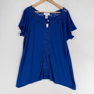 Emma & Olive Top Blouse 1X Royal Blue Stretch Knit Lace Detail Short Sleeve *
